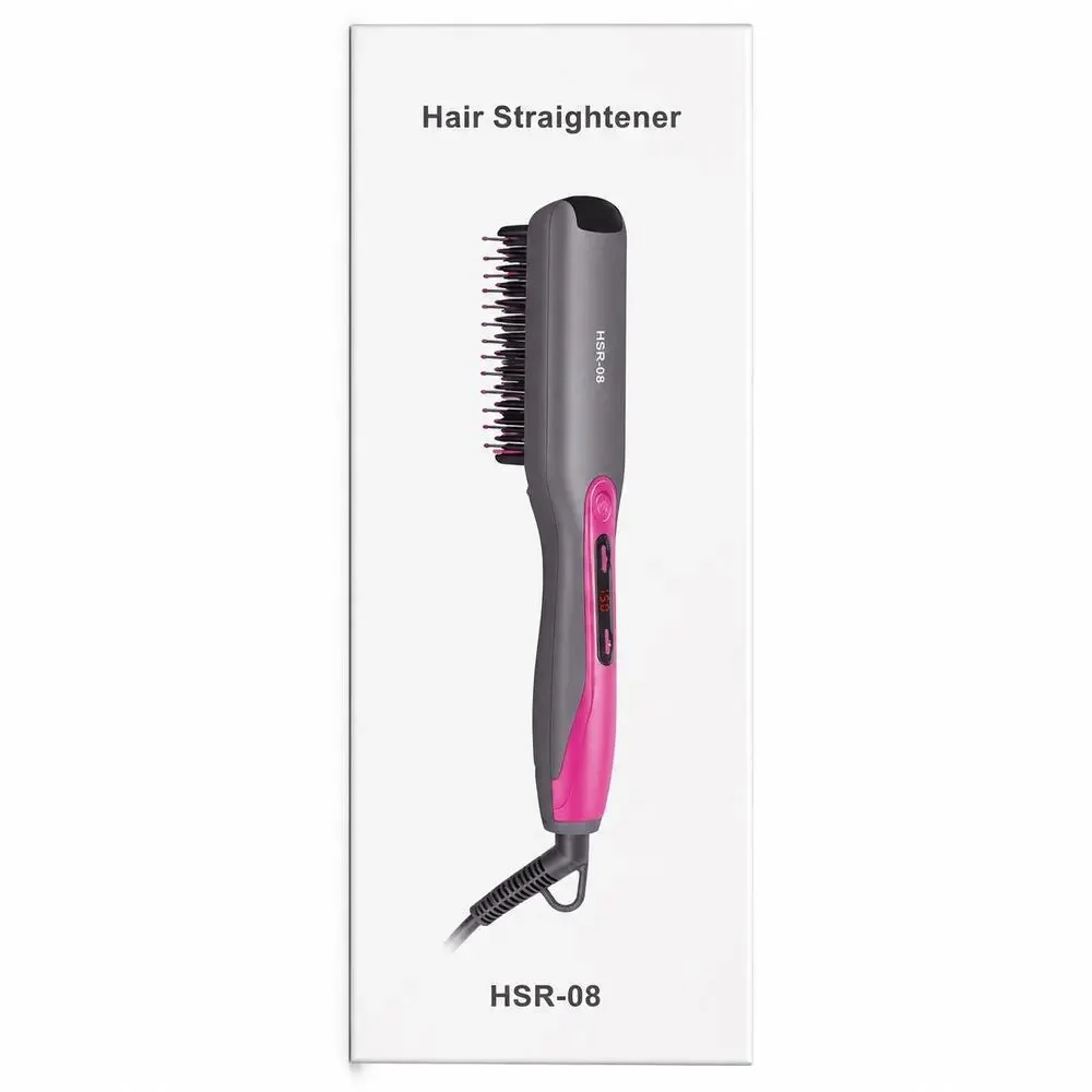 HSR-08 Hair Straightener Brush with LCD Temperature Display- Gray/Pink